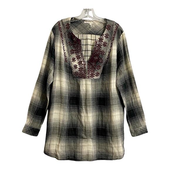Floreat Anthropologie Top Large Black White Plaid Embroidered Tunic Blouse Boho - Picture 1 of 11